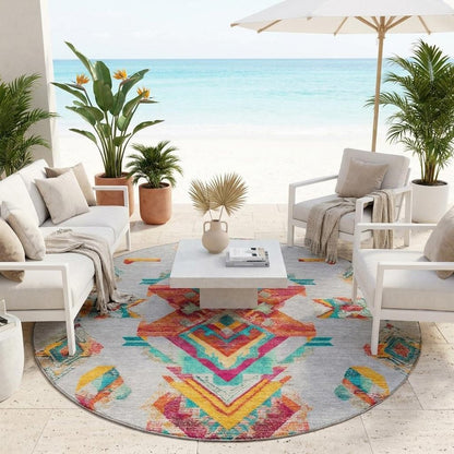 8' Silver And Ivory Round Tribal Washable Indoor Outdoor Area Rug HomeRoots