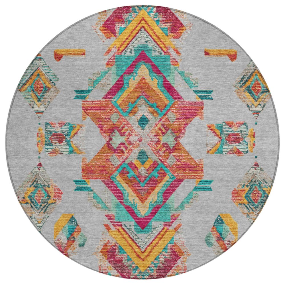 8' Silver And Ivory Round Tribal Washable Indoor Outdoor Area Rug — view 1