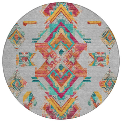 8' Silver And Ivory Round Tribal Washable Indoor Outdoor Area Rug