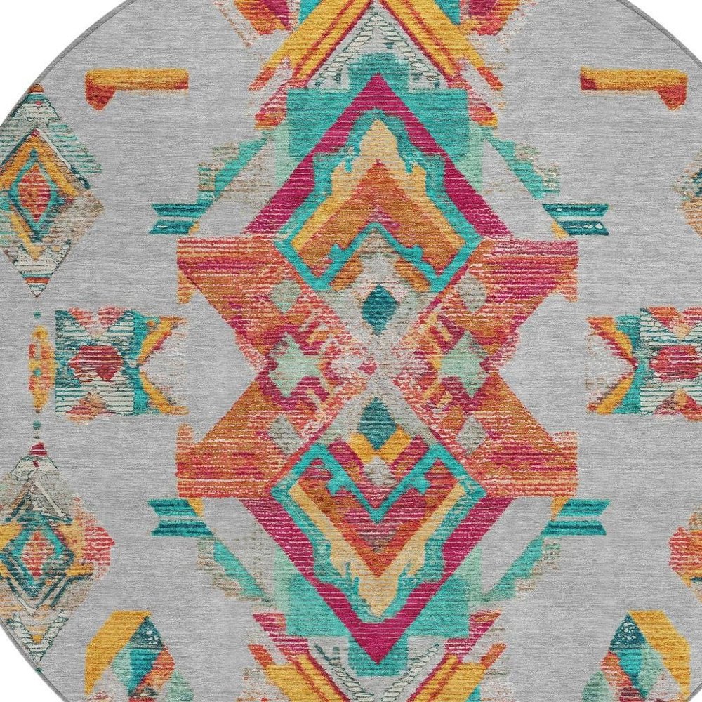 8' Silver And Ivory Round Tribal Washable Indoor Outdoor Area Rug — view 4