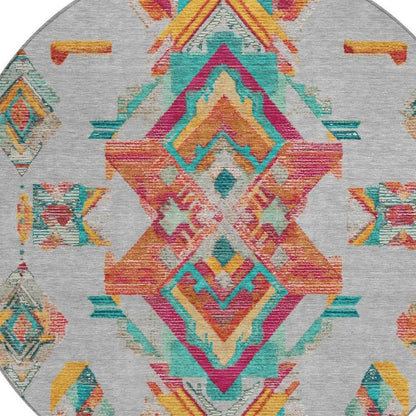 8' Silver And Ivory Round Tribal Washable Indoor Outdoor Area Rug