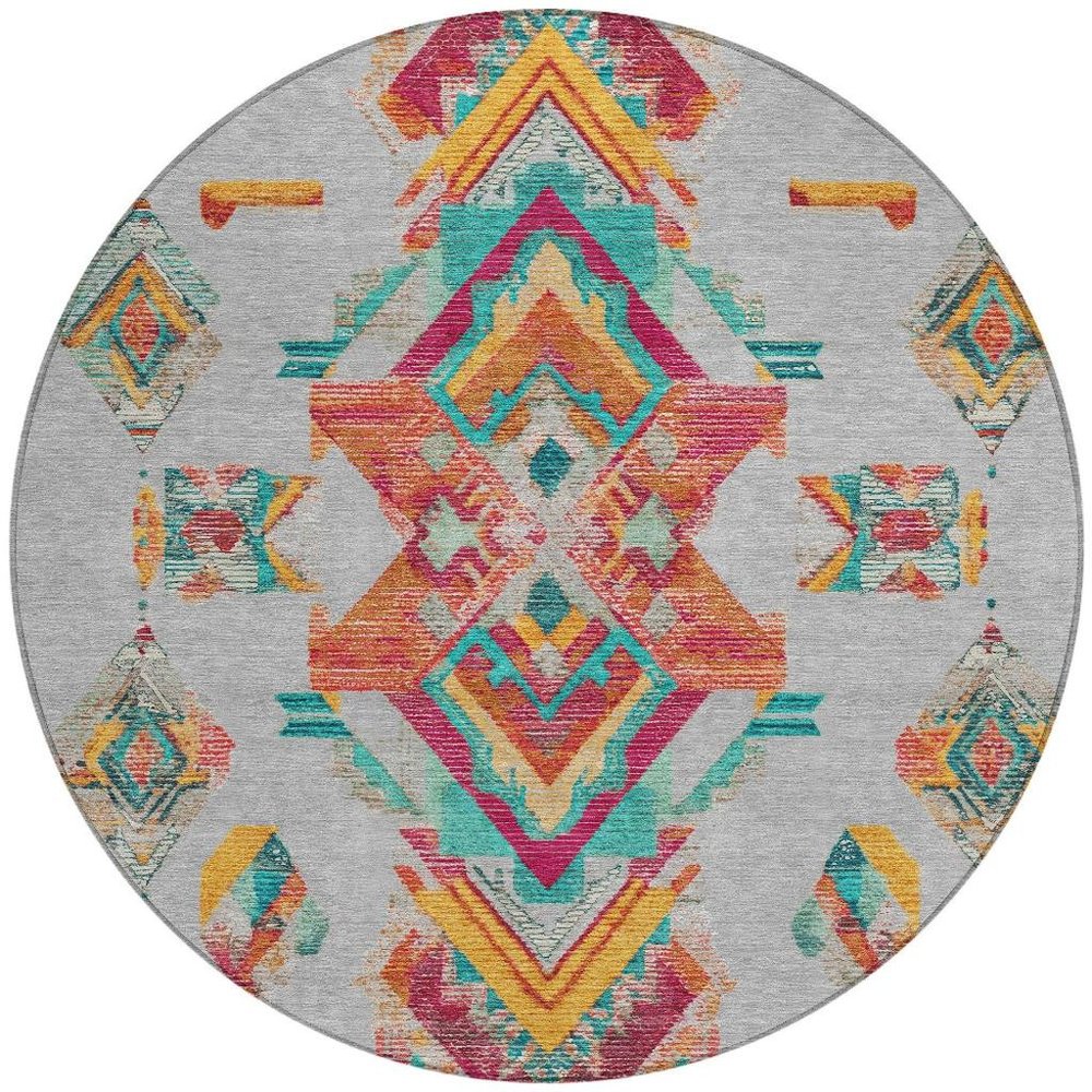 8' Silver And Ivory Round Tribal Washable Indoor Outdoor Area Rug