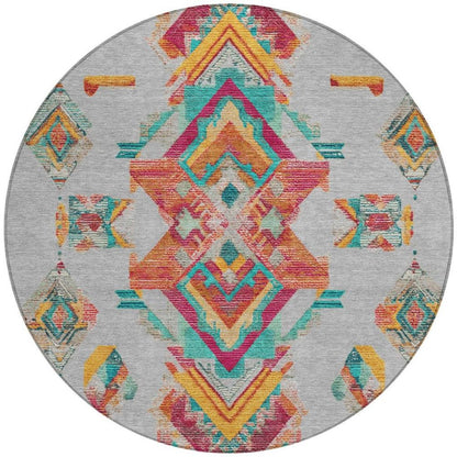 8' Silver And Ivory Round Tribal Washable Indoor Outdoor Area Rug
