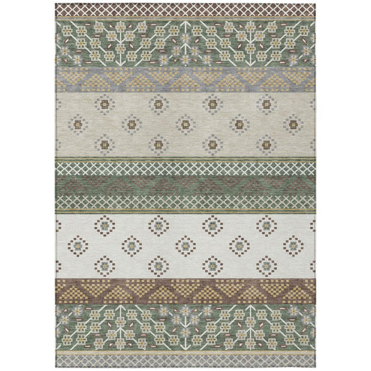 5' X 8' Green And Copper Striped Washable Indoor Outdoor Area Rug