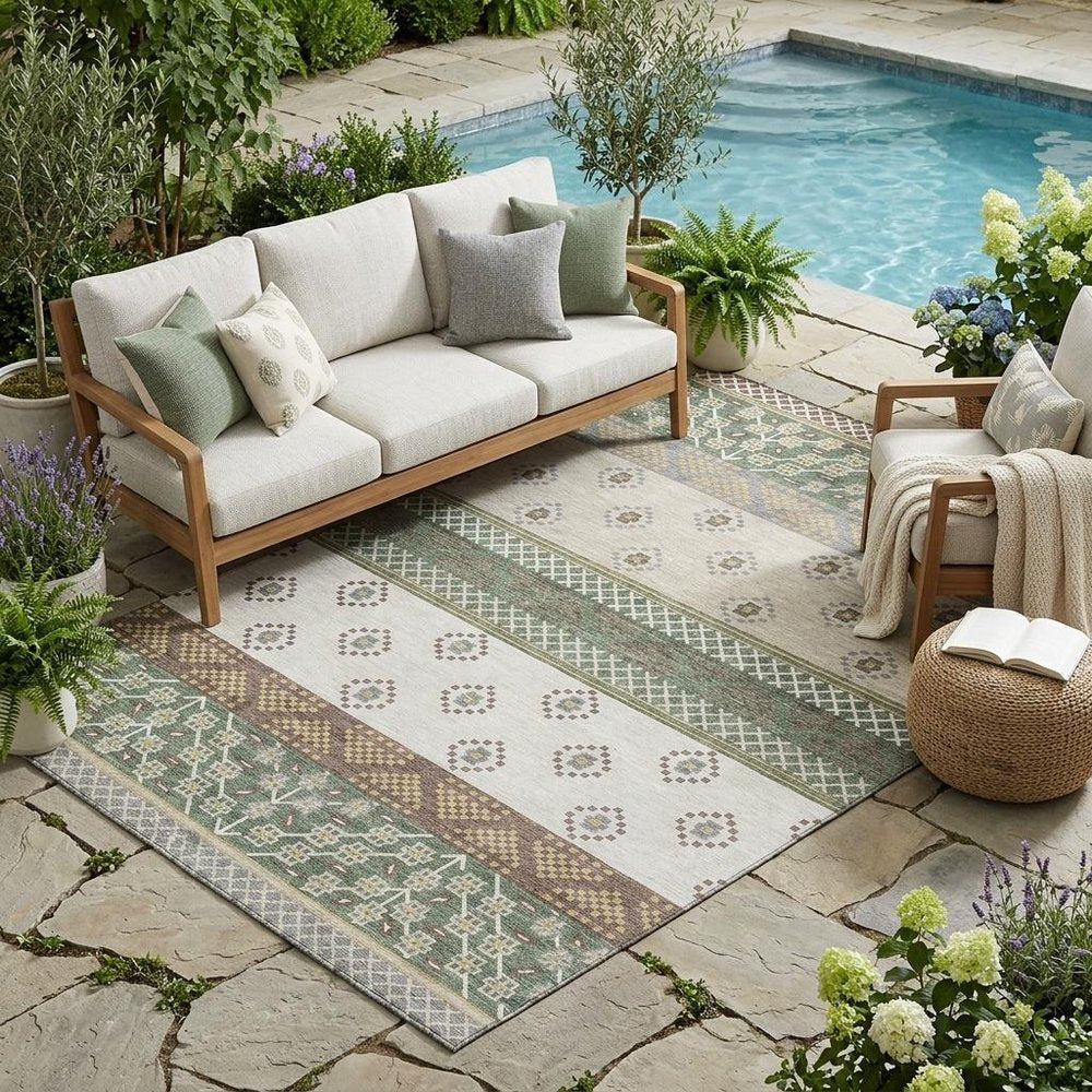 5' X 8' Green And Copper Striped Washable Indoor Outdoor Area Rug — view 7