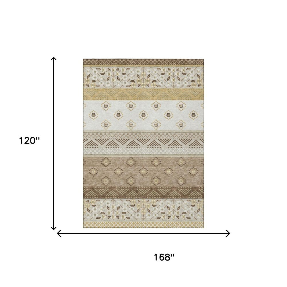 10' X 14' Beige And Brown Striped Washable Indoor Outdoor Area Rug HomeRoots