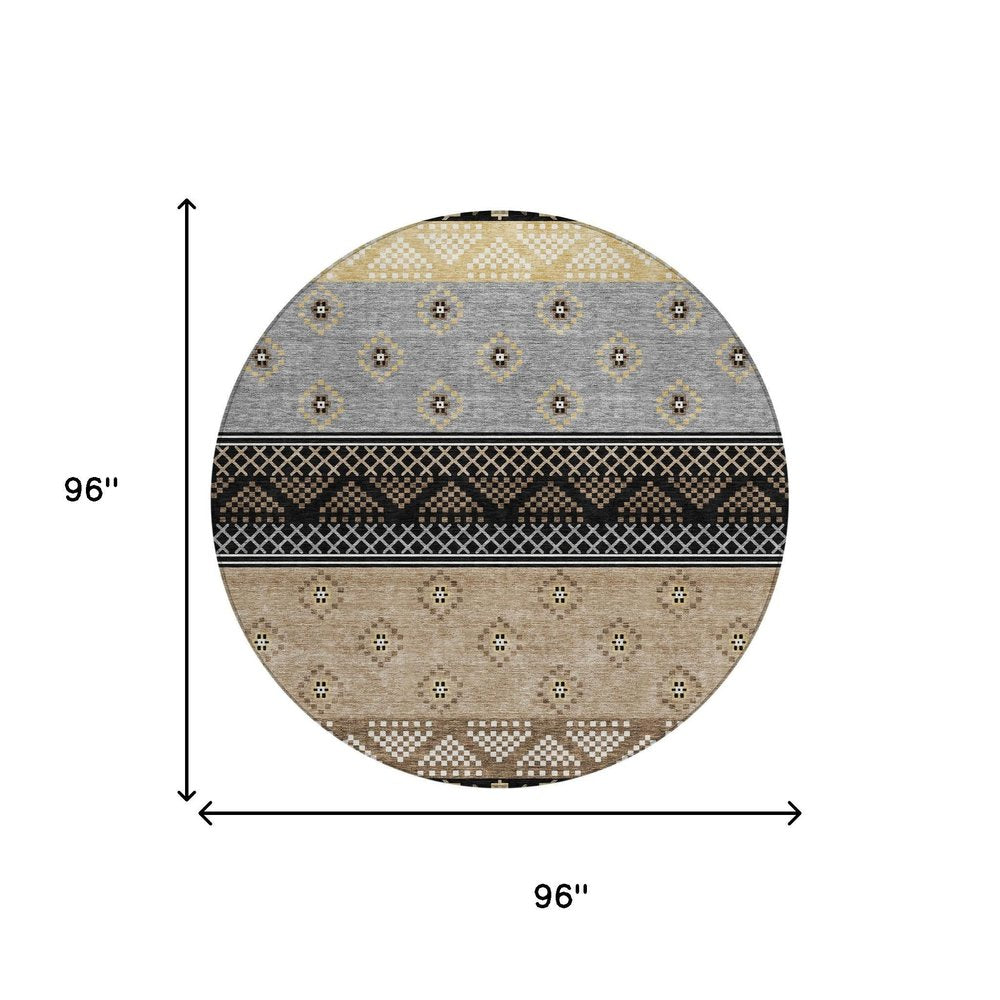 8' Black And Beige Round Striped Washable Indoor Outdoor Area Rug HomeRoots