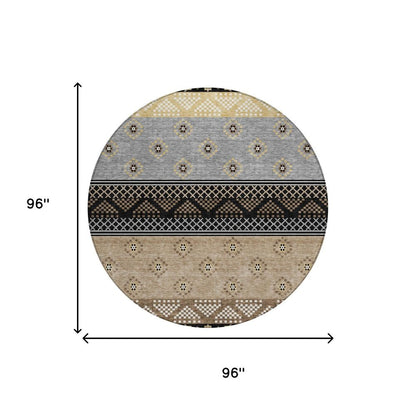 8' Black And Beige Round Striped Washable Indoor Outdoor Area Rug HomeRoots