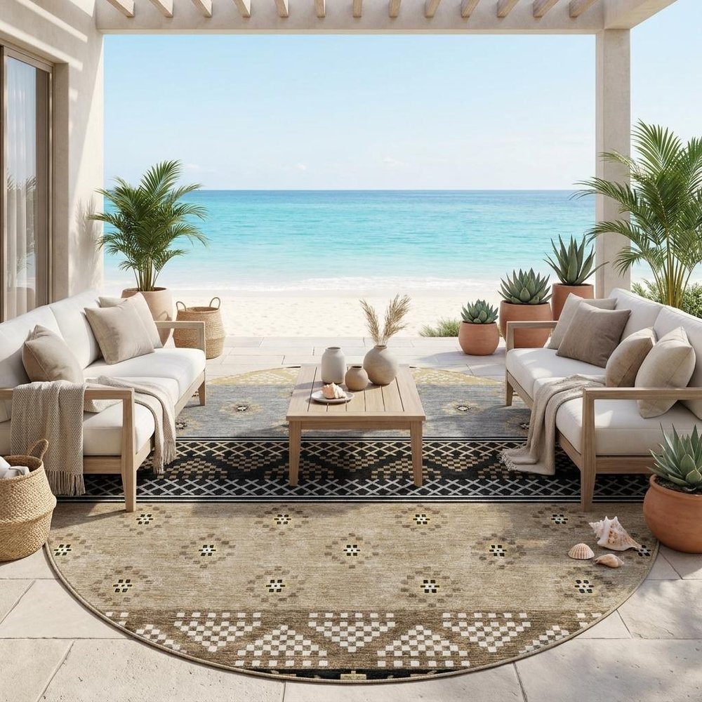 8' Black And Beige Round Striped Washable Indoor Outdoor Area Rug HomeRoots