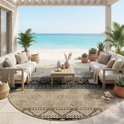 8' Black And Beige Round Striped Washable Indoor Outdoor Area Rug HomeRoots