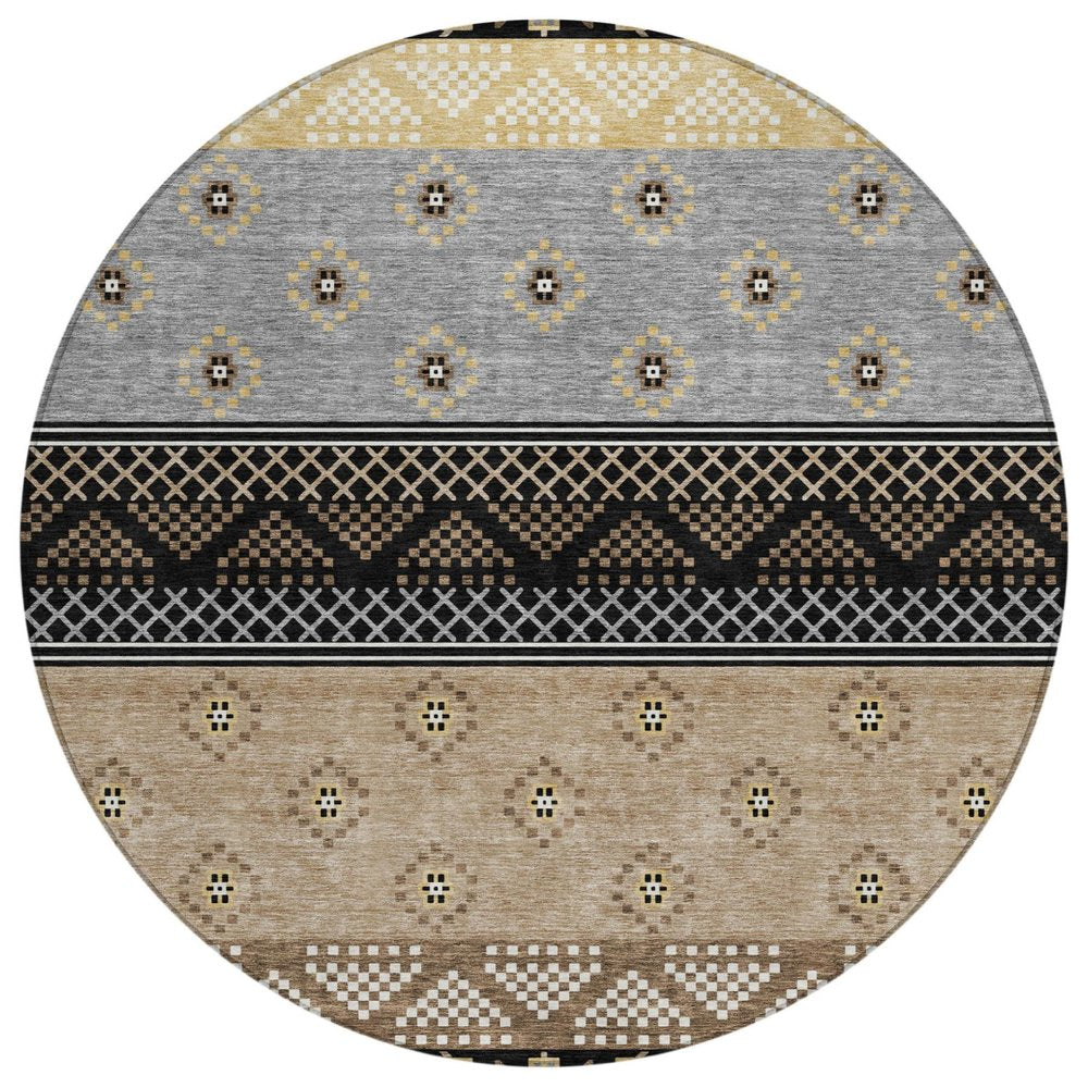 8' Black And Beige Round Striped Washable Indoor Outdoor Area Rug HomeRoots