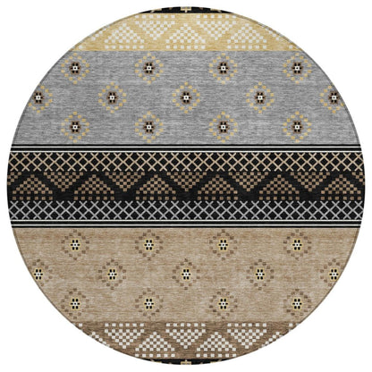 8' Black And Beige Round Striped Washable Indoor Outdoor Area Rug HomeRoots