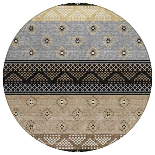 8' Black And Beige Round Striped Washable Indoor Outdoor Area Rug
