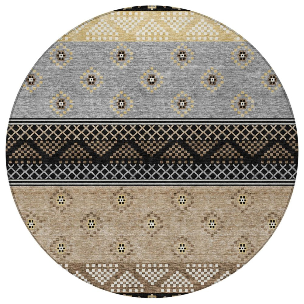 8' Black And Beige Round Striped Washable Indoor Outdoor Area Rug — view 4