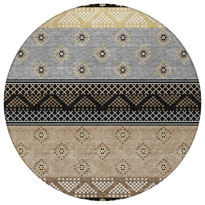 8' Black And Beige Round Striped Washable Indoor Outdoor Area Rug HomeRoots