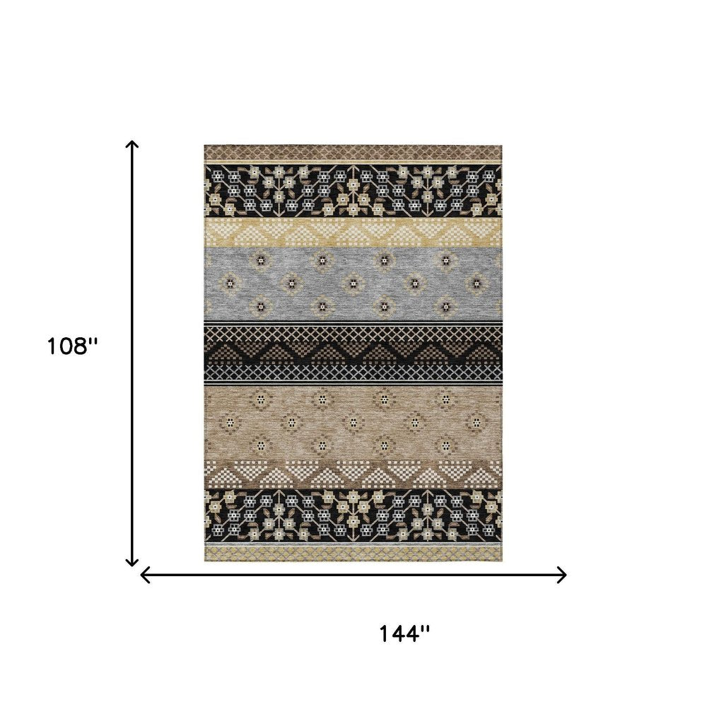 9' X 12' Black And Beige Striped Washable Indoor Outdoor Area Rug — view 5