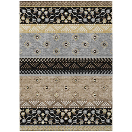 9' X 12' Black And Beige Striped Washable Indoor Outdoor Area Rug