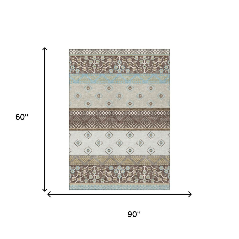 5' X 8' Chocolate And Green Striped Washable Indoor Outdoor Area Rug HomeRoots