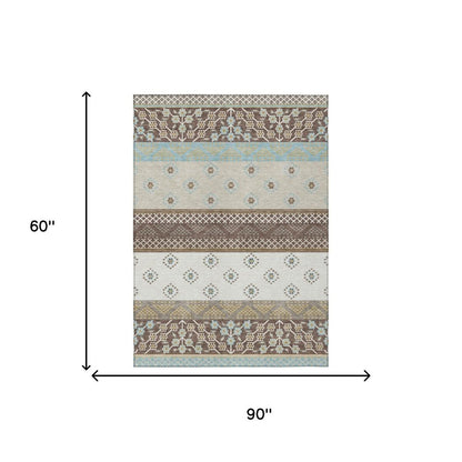 5' X 8' Chocolate And Green Striped Washable Indoor Outdoor Area Rug HomeRoots