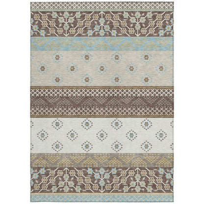 5' X 8' Chocolate And Green Striped Washable Indoor Outdoor Area Rug