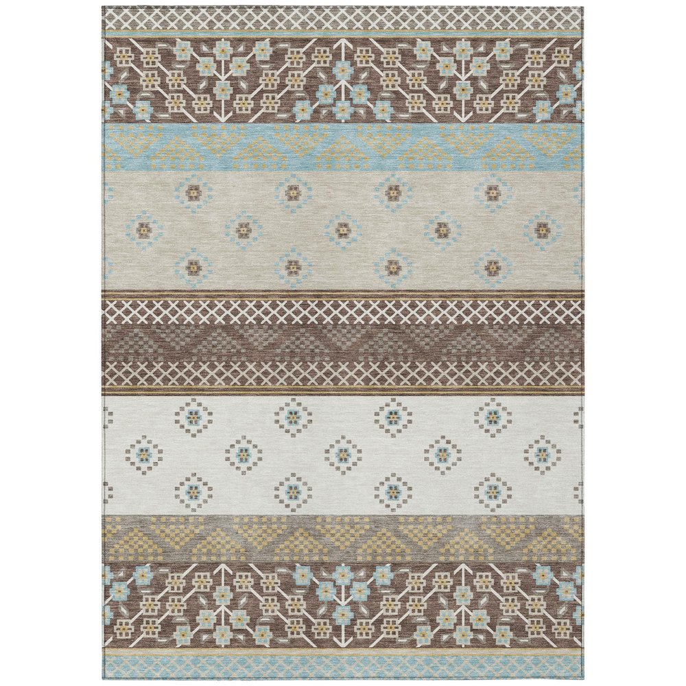 5' X 8' Chocolate And Green Striped Washable Indoor Outdoor Area Rug