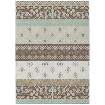 5' X 8' Chocolate And Green Striped Washable Indoor Outdoor Area Rug