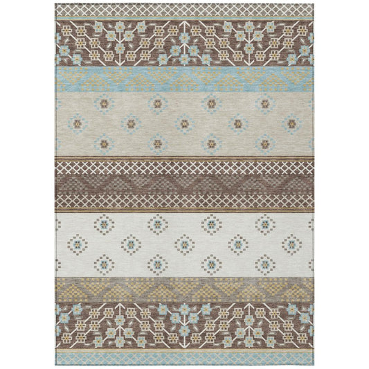 5' X 8' Chocolate And Green Striped Washable Indoor Outdoor Area Rug