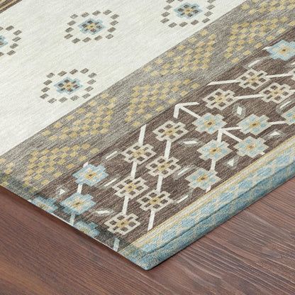 5' X 8' Chocolate And Green Striped Washable Indoor Outdoor Area Rug