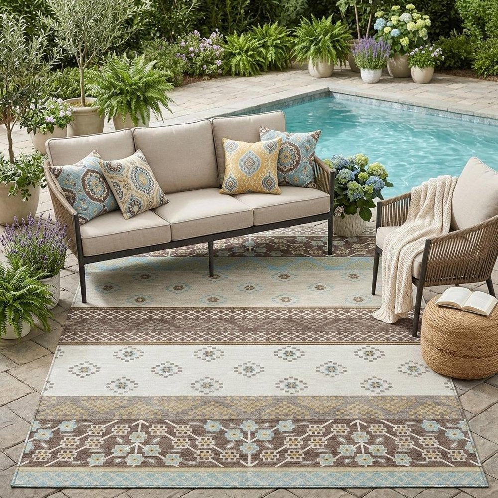 5' X 8' Chocolate And Green Striped Washable Indoor Outdoor Area Rug HomeRoots