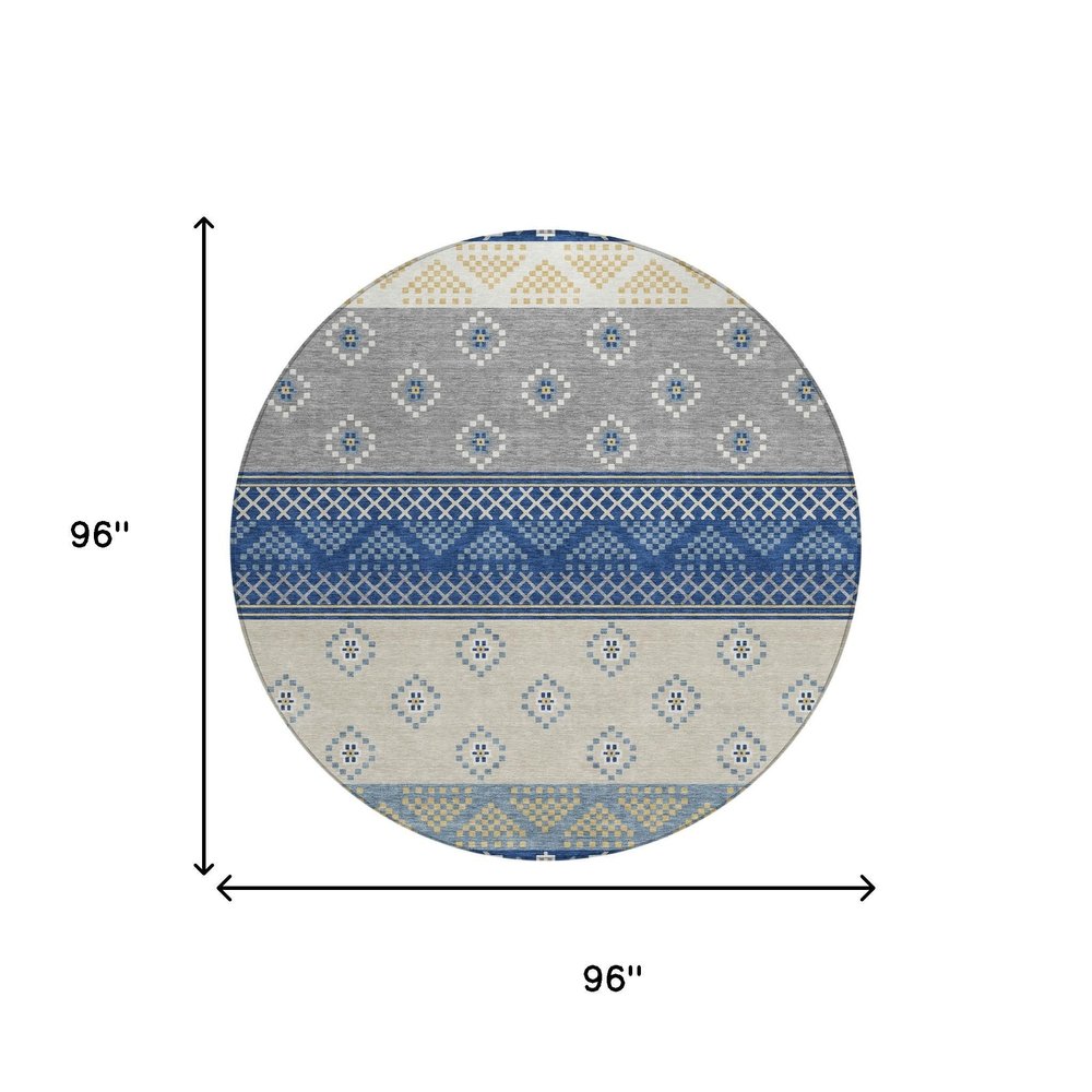 8' Navy Blue And Copper Round Striped Washable Indoor Outdoor Area Rug — view 6