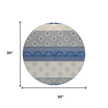 8' Navy Blue And Copper Round Striped Washable Indoor Outdoor Area Rug HomeRoots