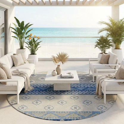 8' Navy Blue And Copper Round Striped Washable Indoor Outdoor Area Rug