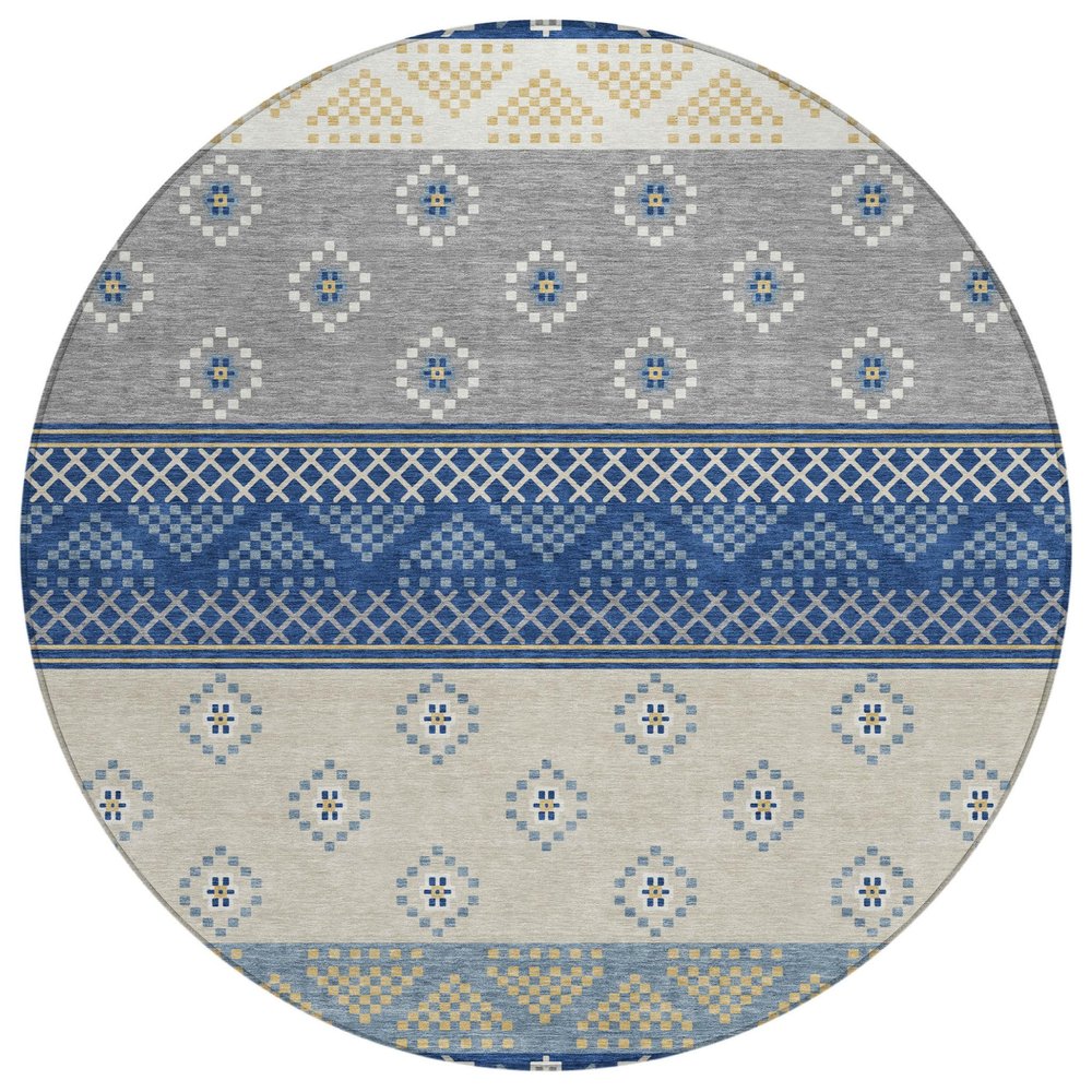 8' Navy Blue And Copper Round Striped Washable Indoor Outdoor Area Rug HomeRoots