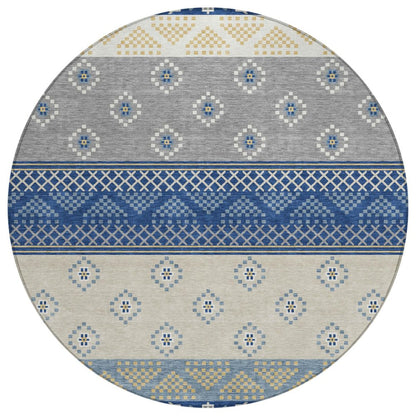 8' Navy Blue And Copper Round Striped Washable Indoor Outdoor Area Rug HomeRoots