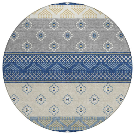 8' Navy Blue And Copper Round Striped Washable Indoor Outdoor Area Rug