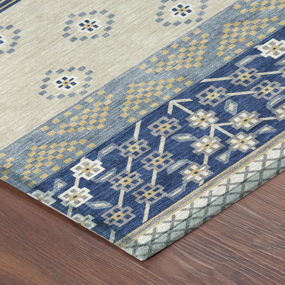 8' Navy Blue And Copper Round Striped Washable Indoor Outdoor Area Rug — view 2