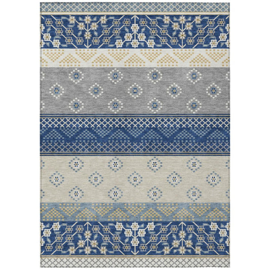 9' X 12' Navy Blue And Copper Striped Washable Indoor Outdoor Area Rug