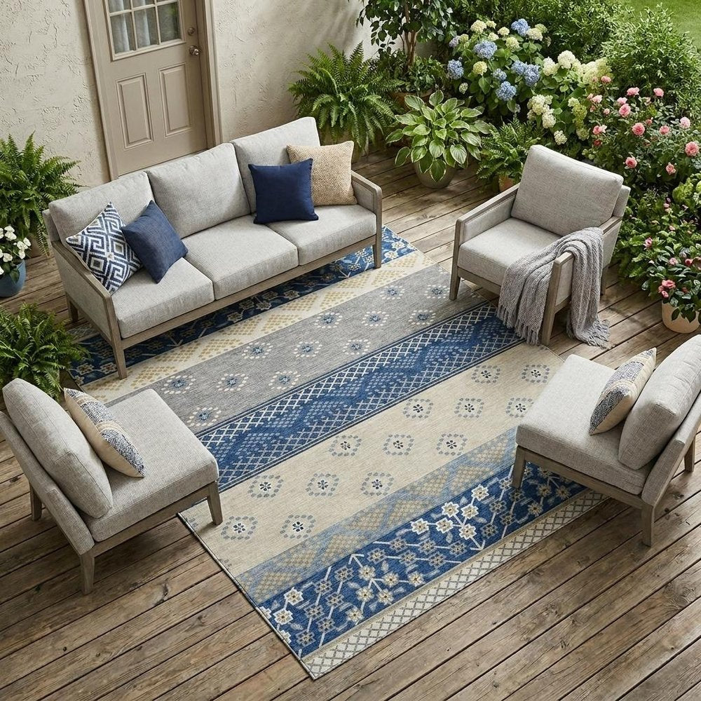 9' X 12' Navy Blue And Copper Striped Washable Indoor Outdoor Area Rug HomeRoots