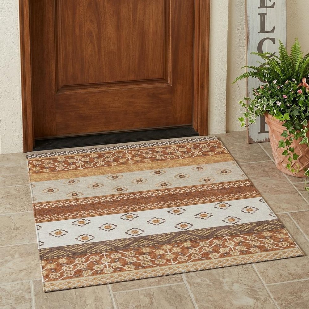 3' X 5' Orange And Denim Blue Striped Washable Indoor Outdoor Area Rug — view 7