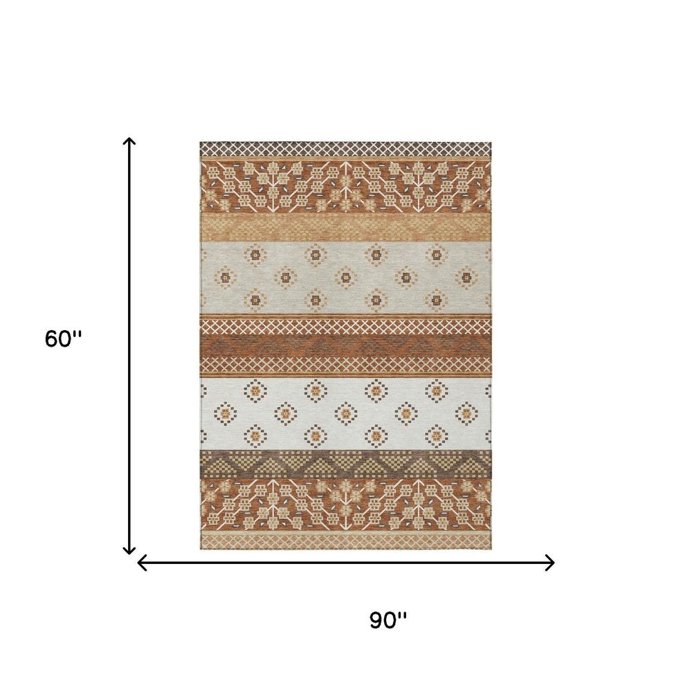 5' X 8' Orange And Denim Blue Striped Washable Indoor Outdoor Area Rug — view 6