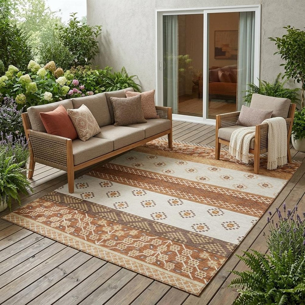 5' X 8' Orange And Denim Blue Striped Washable Indoor Outdoor Area Rug — view 16
