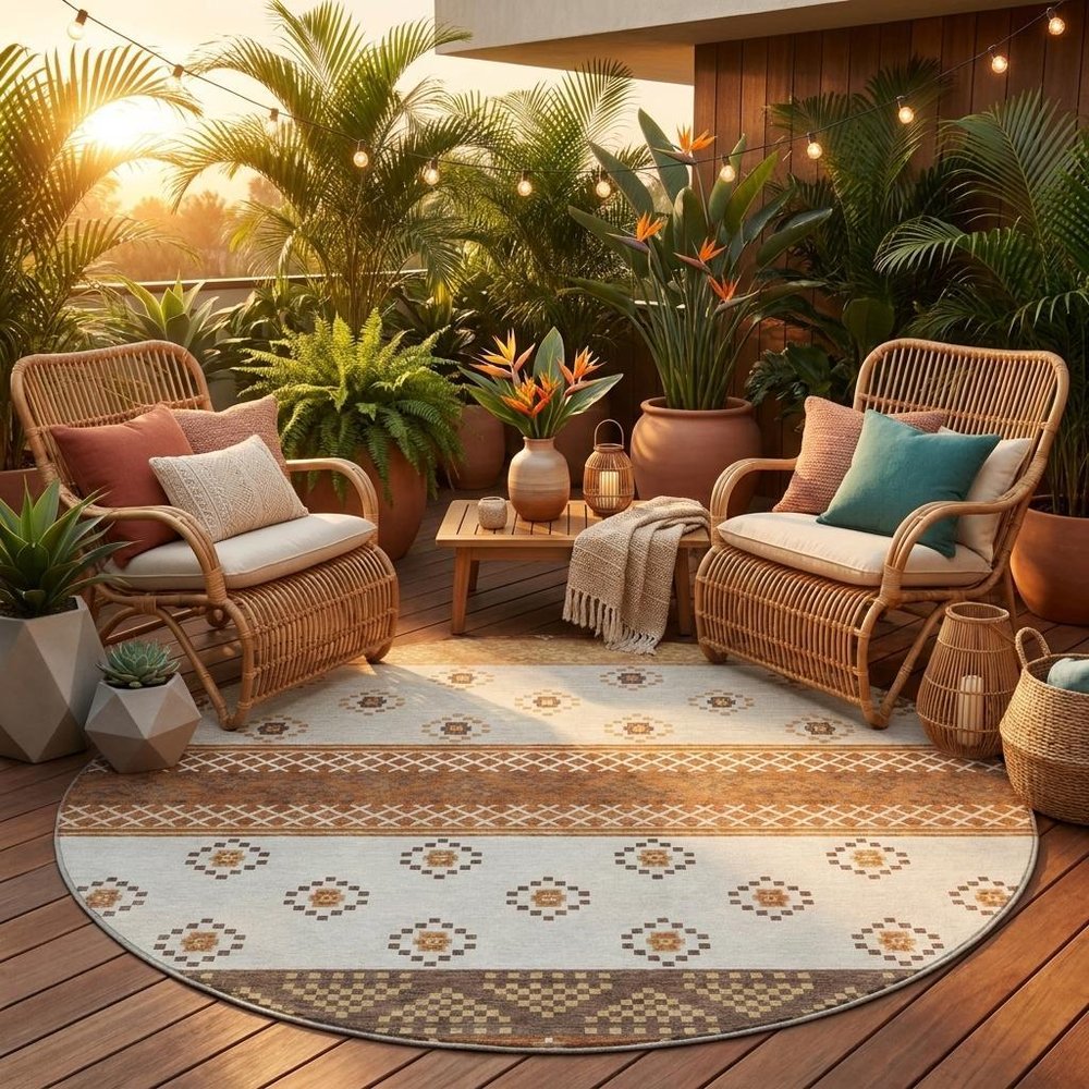 8' Orange And Denim Blue Round Striped Washable Indoor Outdoor Area Rug — view 8