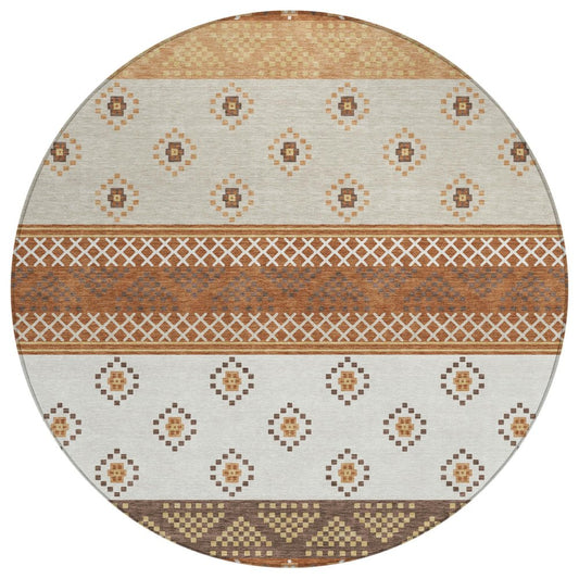 8' Orange And Denim Blue Round Striped Washable Indoor Outdoor Area Rug