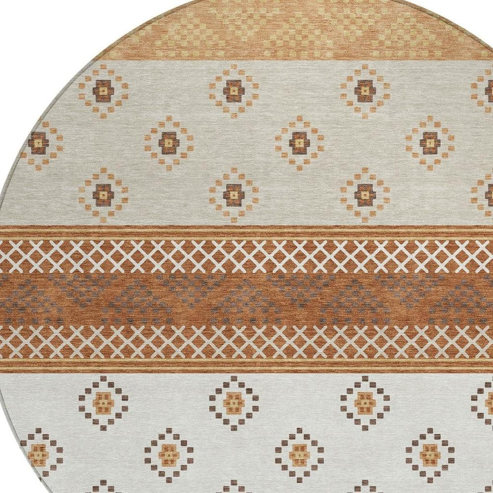8' Orange And Denim Blue Round Striped Washable Indoor Outdoor Area Rug — view 4