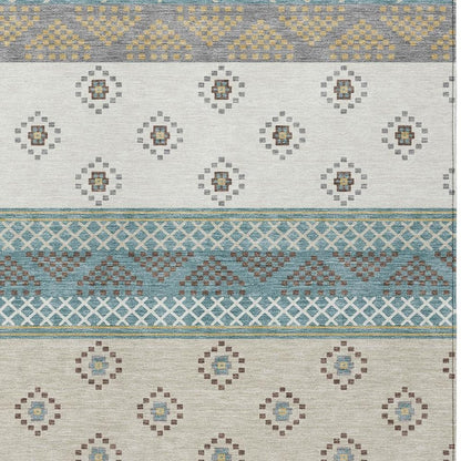 3' X 5' Teal Blue And Beige Striped Washable Indoor Outdoor Area Rug