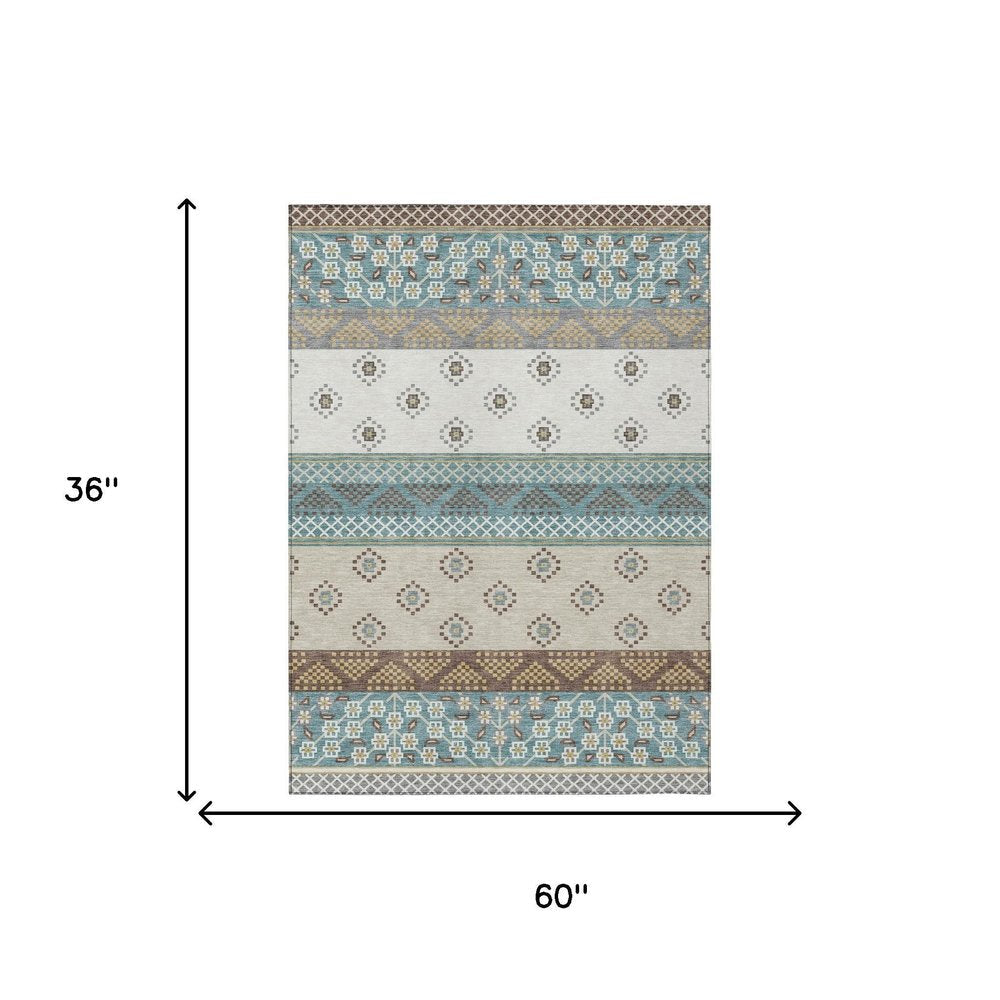 3' X 5' Teal Blue And Beige Striped Washable Indoor Outdoor Area Rug