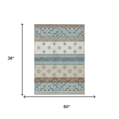 3' X 5' Teal Blue And Beige Striped Washable Indoor Outdoor Area Rug HomeRoots