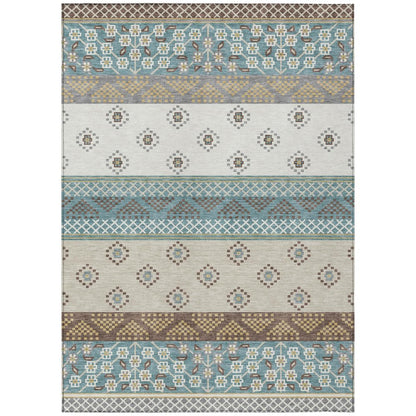 3' X 5' Teal Blue And Beige Striped Washable Indoor Outdoor Area Rug HomeRoots