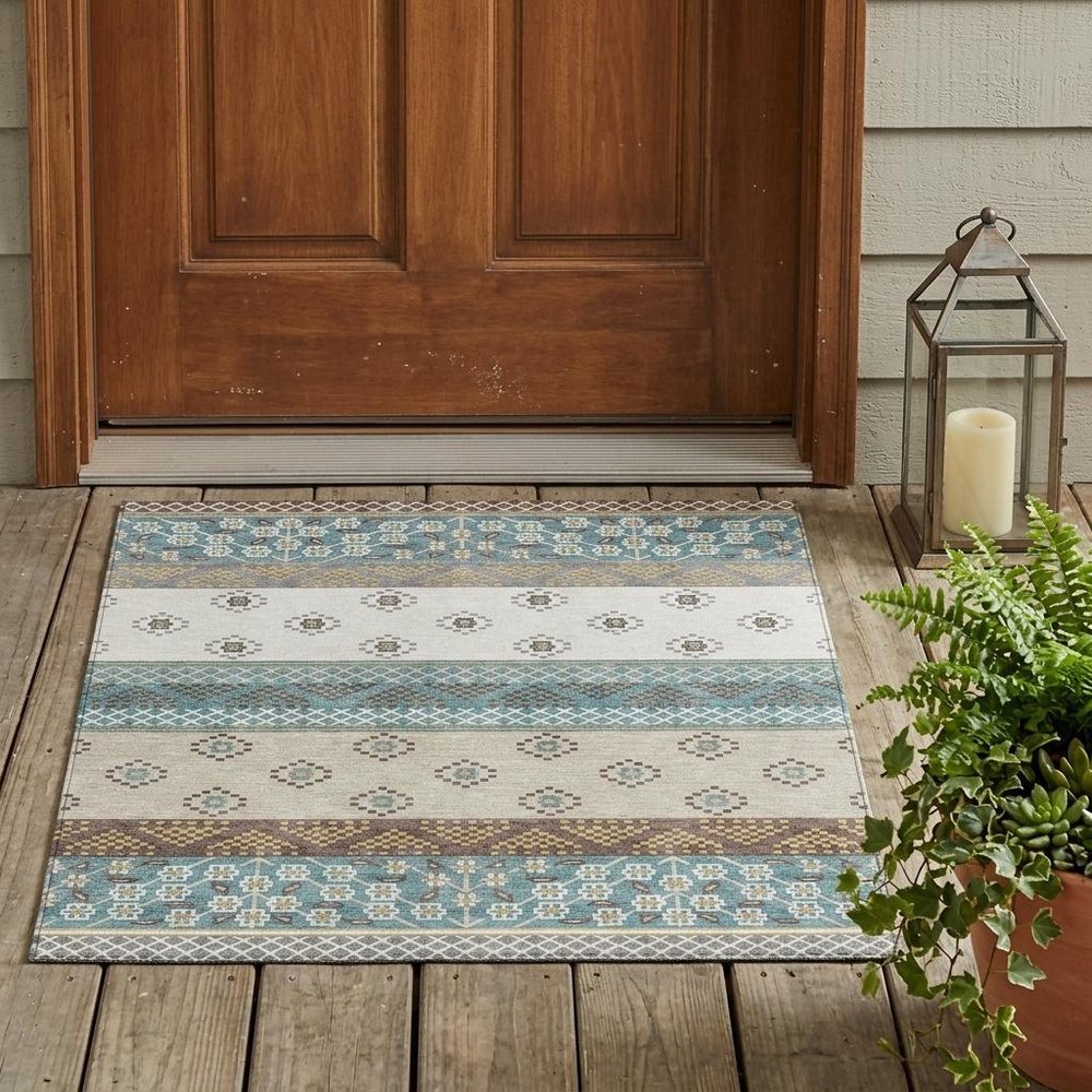 3' X 5' Teal Blue And Beige Striped Washable Indoor Outdoor Area Rug — view 7