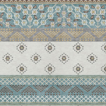 5' X 8' Teal Blue And Beige Striped Washable Indoor Outdoor Area Rug HomeRoots